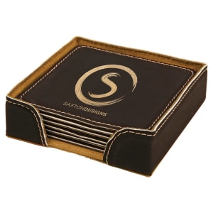 4" x 4" Square Leatherette 6-Coaster Set with Holder