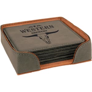 4" x 4" Square Leatherette 6-Coaster Set with Holder
