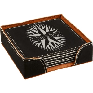 4" x 4"  Square Leatherette 6-Coaster Set with Holder